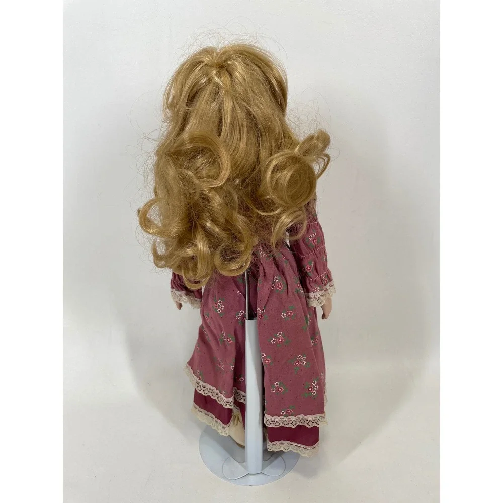 Vintage Porcelain Doll Blonde Hair Victorian Floral Lace Mauve Dress with Stand
